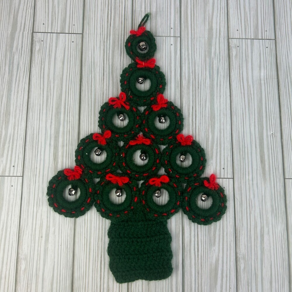 Vintage Crocheted Christmas Tree Wall Hanging 70s Kitchy Quirky Rings W/ Bells